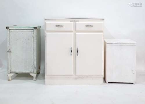White painted kitchen cupboard with melamine top above two drawers, two cupboard doors, plinth base,