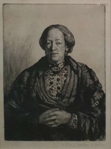 After Percy Gleaves Etching Head and shoulder portrait of an old woman, wearing shawl, rings on