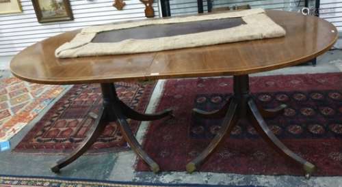 20th century D-end mahogany reproduction regency twin-pedestal extending dining table, the reeded