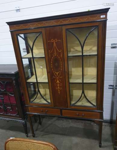 19th century mahogany and inlaid display case, with ogee moulded pediment above the swag inlaid
