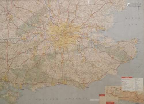 A framed road map of the South East of England 50 x 69 cms