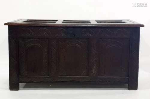 18th century oak coffer with three carved arched panels to the front, on stile supports