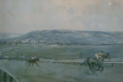After Lionel Edwards Colour print Coming up the hill, Cheltenham Racecourse, 42 x 52 cms