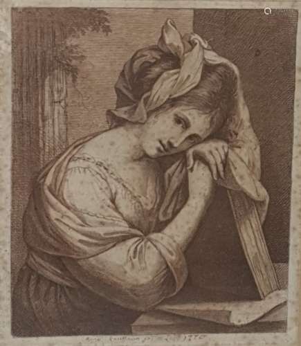 After Angelica Kauffmann Engraving Study of lady with a book, in margin A... Kauffman fec.. 1770  19