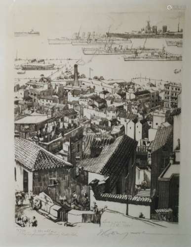 After G. Welland (?) Etching, 15/30 in pencil in the margin View of Gibralter with shipping in the