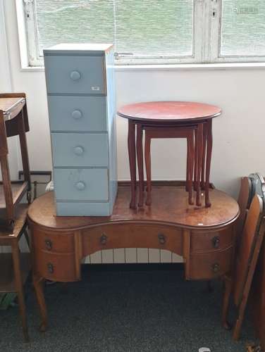 Furniture to include narrow chest of blue painted drawers, two oak tea trolleys, nest of tables