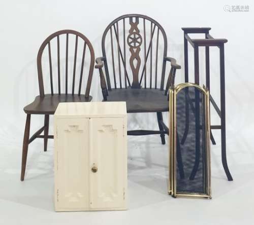 Assorted furniture to include stickback chairs, formica-topped table, firescreen, towel rack, etc (