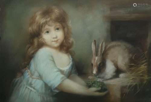 19th century school  Pastel drawing Young girl feeding rabbit, unsigned, 47cm x 67cm