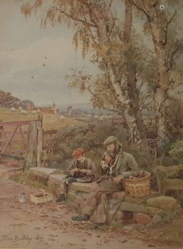 Thomas Bushby (1861-1918) Watercolour drawing Country scene, man and boy resting on country wall