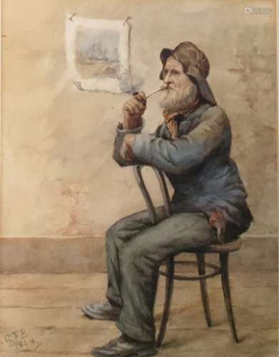 RFB (late 19th Century) Watercolour Gentleman with pipe, initialled and dated 1896 lower left, 34.