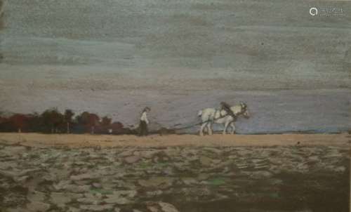Williams(?) (early 20th century school) Pastel Figure and horse ploughing field, indistinctly signed