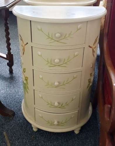 Pair of demi-lune five-drawer cream painted chests (2)