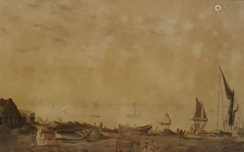 Early 19th century English  school Watercolour drawing Estuary scene with figures, boats and donkeys
