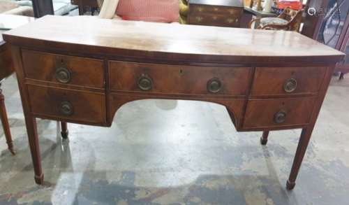 19th century mahogany bowfront sideboard, crossbanded satinwood strung top above three assorted