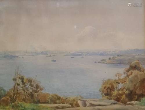Rah Fizzelle  (1891-1964) Watercolour Estuary scene with town and shipping to background, sigend