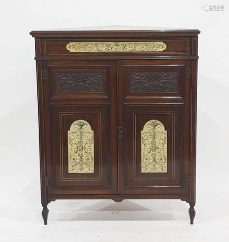 19th century mahogany floor-standing corner cabinet with inset ivorine panelled decoration, two