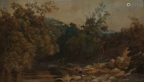 Unattributed 19th century watercolour drawing, Fishermen flyfishing by rocky river's edge with