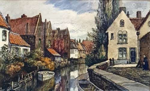 Frederick James Aldridge  ( 1850 - 1933) Pair pastel drawings Bridge and waterways , Bruges,