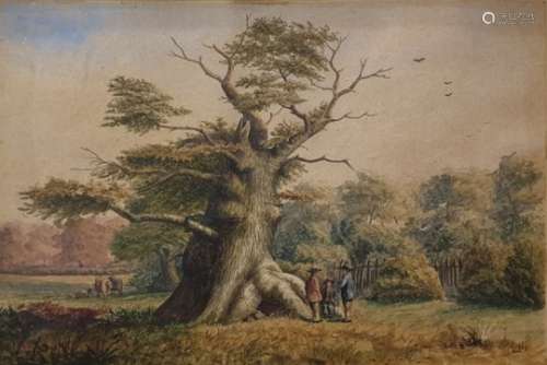19th century school Watercolour drawing Figures by a tree, with another, indistinctly monogrammed