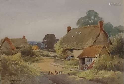 Henry John Sylvester Stannard (1870-1951)  Watercolour drawing  Chickens in lane by thatched