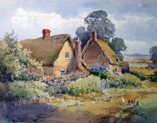 Henry John Sylvester Stannard (1870-1951)  Watercolour drawing  Thatched cottages by lane, signed