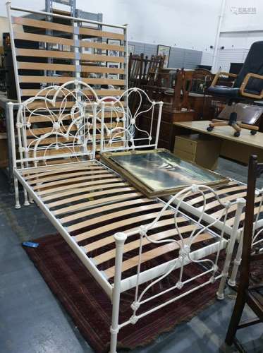 Two single cream painted bed frames and matching double bed frame (3)