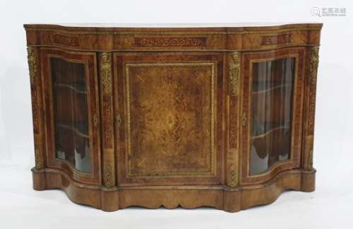 Victorian burr walnut serpentine-fronted credenza with satinwood banding, the shaped top above brass