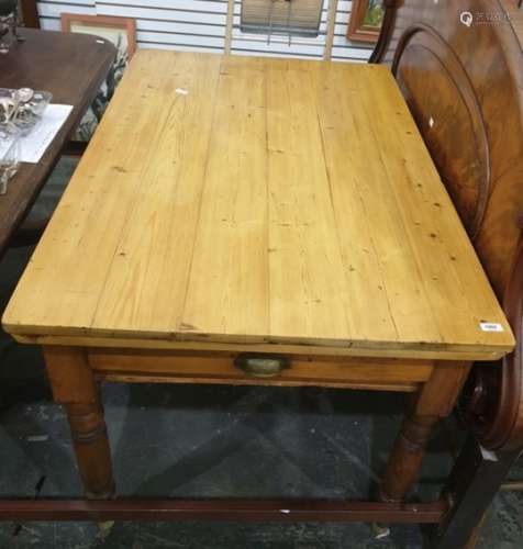 20th century pine plank top breakfast table with single drawer, raised upon turned supports 119.5