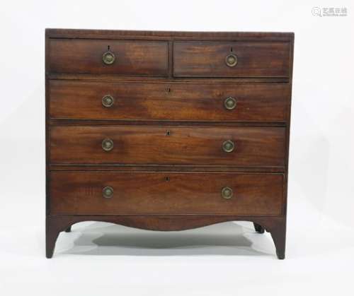 19th century mahogany chest of two short over three long drawers, shaped apron, bracket feet,