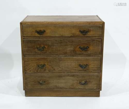 20th century oak chest of four long drawers, on plinth base, 76cm x 75cm