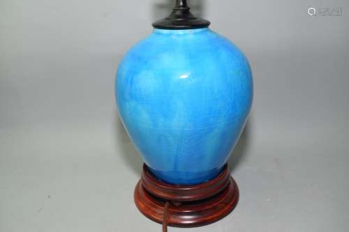 Porcelain Peacock Blue Glaze Jar Lamp
