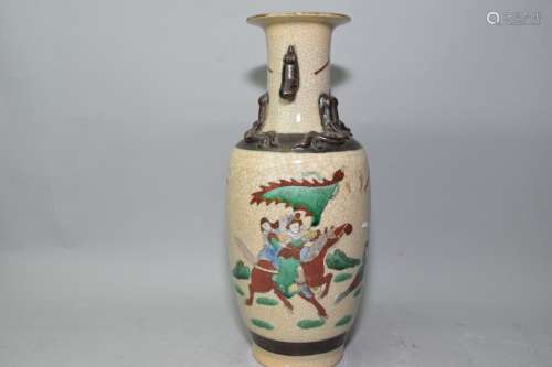 19-20th C. Chinese Faux Ge Glaze Famille Rose Vase
