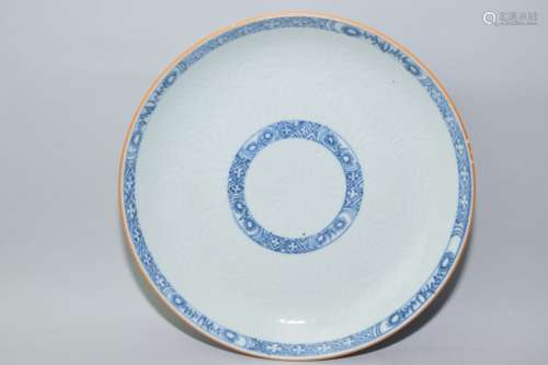 Qing Chinese Blue and White Relief Carved Plate