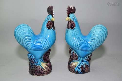 Pair of 19-20th C. Chinese Peacock Blue Glaze Roosters