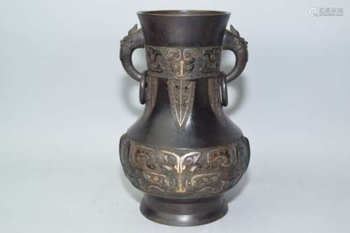 19th C. Chinese Silver and Gold Inlaid Bronze Vase