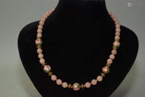 Rose Quartz and Enameled Cloisonne Bead Necklace