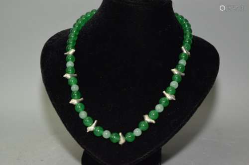 Green Quartz and Silver Bird Bead Necklace