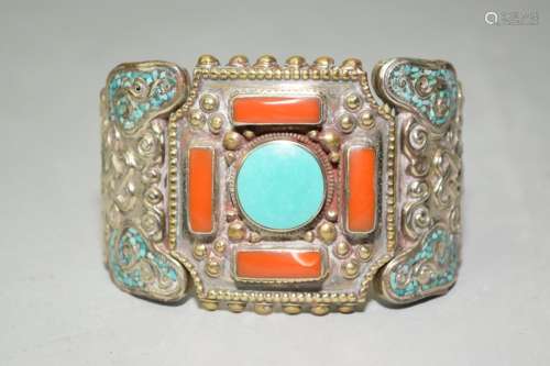 Tibetan Turquoise, Coral, Silver Bracelet