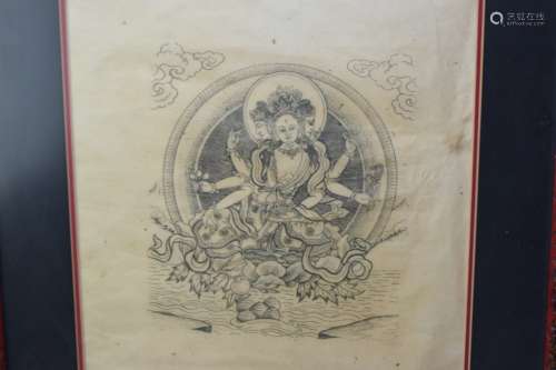 19th C. Tibetan Ink Painted Thangka