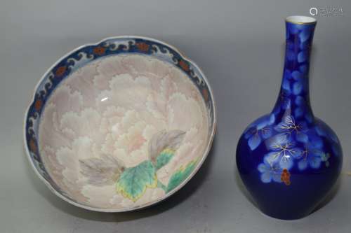 Japanese Blue Glaze Vase and Bowl