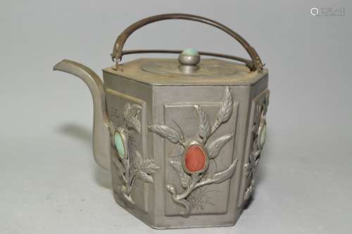 19th C. Chinese Guangdong Pewter Teapot, Marked