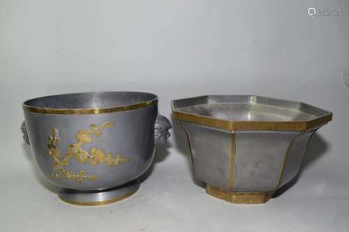 Two Chinese Guangdong Pewter Flower Pots