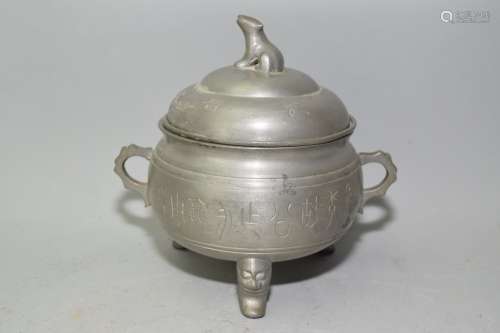 19th C. Chinese Guangdong Pewter Warm Pot