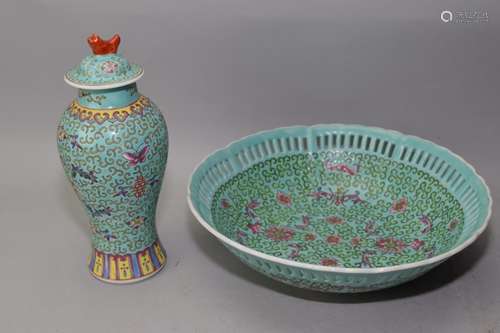 Two Chinese Turquoise Glaze Famille Rose Wares