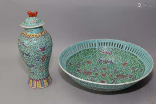 Two Chinese Turquoise Glaze Famille Rose Wares