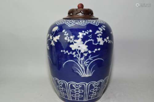 18-19th C. Chinese Cobalt Blue Pate-sur-Pate Jar