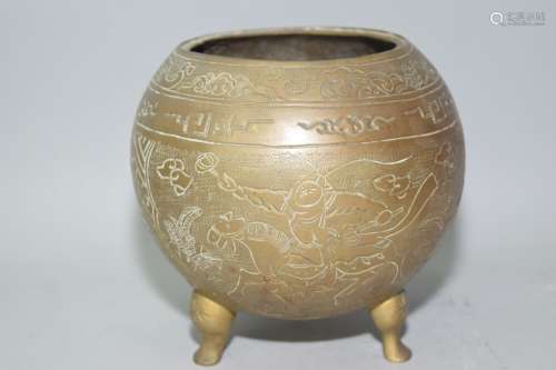 19th C. Chinese Bronze Relief Carved Censer