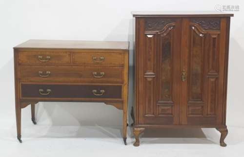 19th century rosewood-effect two-door cupboard raised on cabriole supports and a chest of two