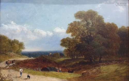 John Linnell (1792 - 1882) Oil on canvas  Rural landscape with herdsman with dog,  driving cattle