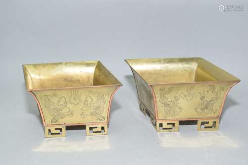 Pair of 19-20th C. Chinese Bronze Relief Flower Pots
